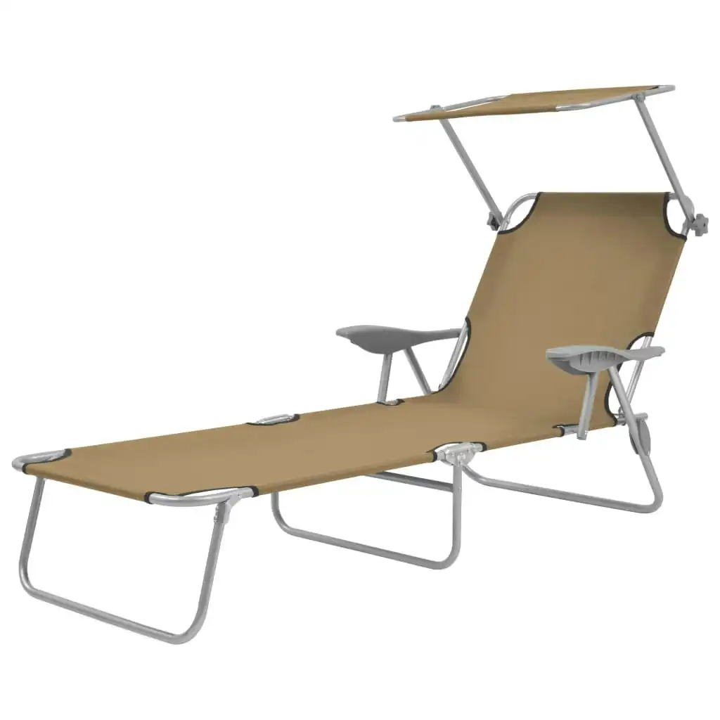 Folding Sun Lounger with Canopy Steel Taupe 44297