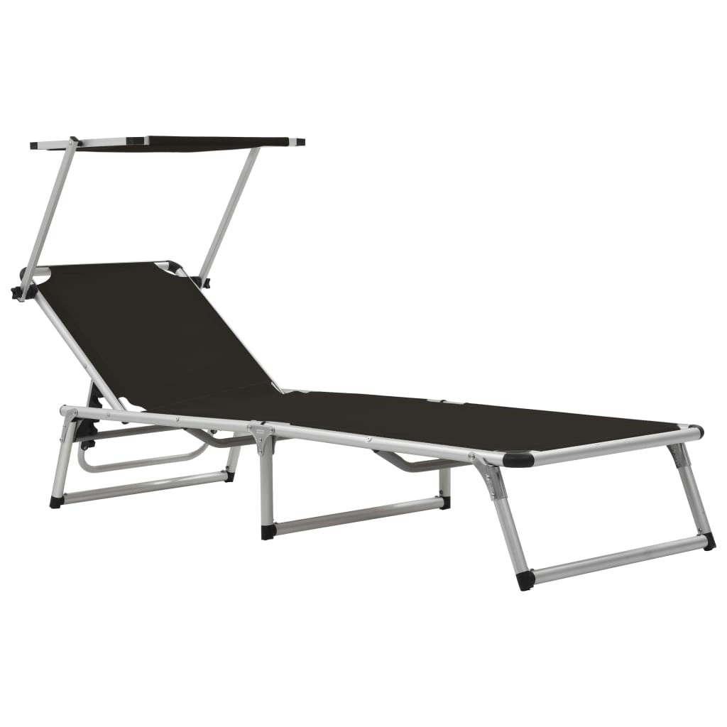 Folding Sun Lounger with Roof Aluminium and Textilene Black 44333