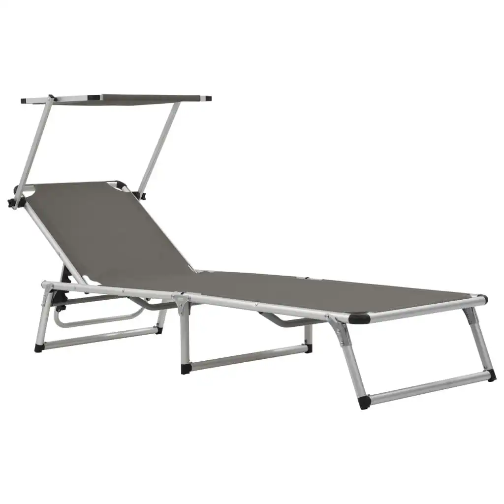 Folding Sun Lounger with Roof Aluminium and Textilene Grey 44335