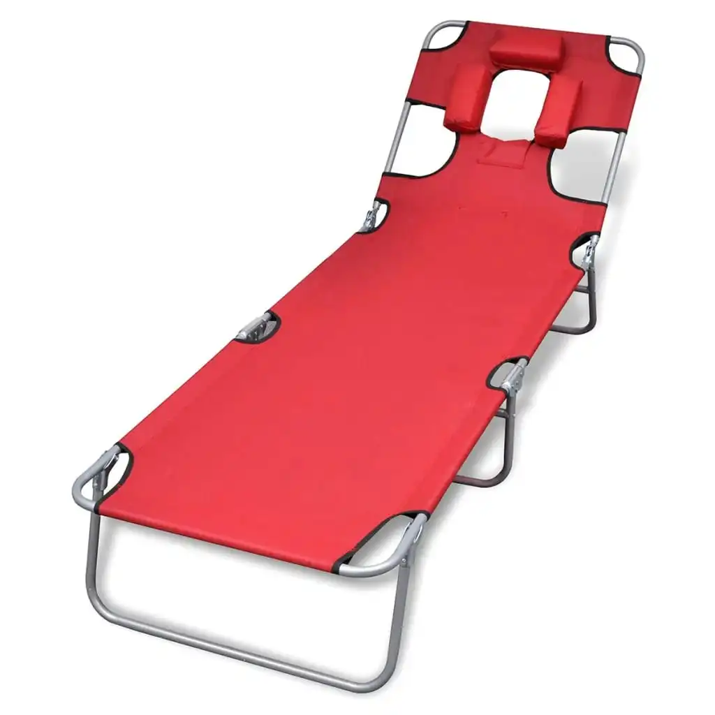 Folding Sun Lounger with Head Cushion Powder-coated Steel Red 41483