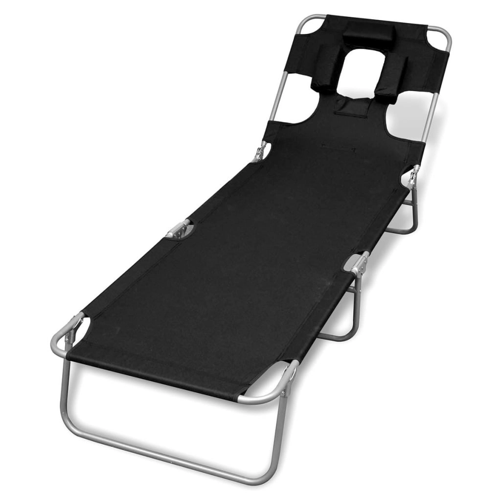 Folding Sun Lounger with Head Cushion Powder-coated Steel Black 41482