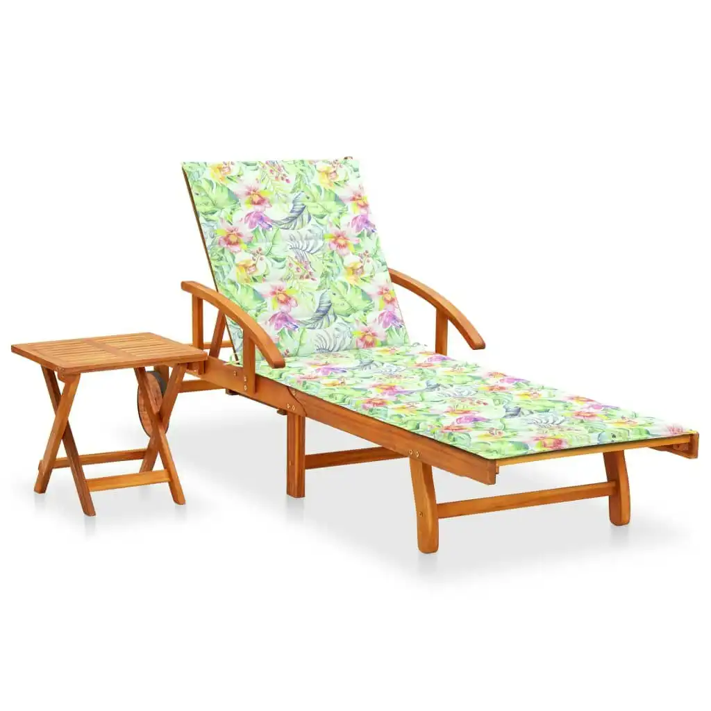 Garden Sun Lounger with Table and Cushion Solid Acacia Wood 3061629