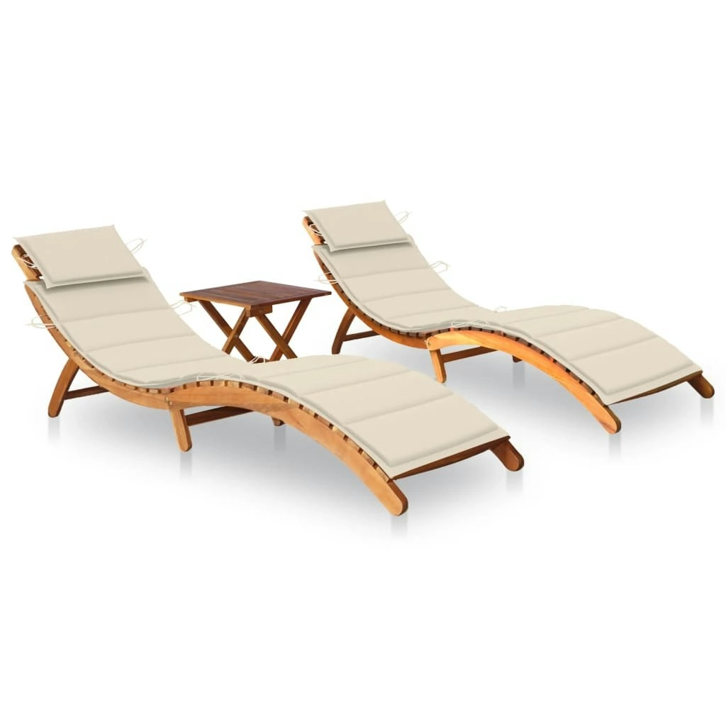 Sun Loungers 2 pcs with Table and Cushions Solid Wood Acacia 3077378