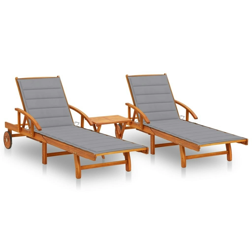 Sun Loungers 2 pcs with Table and Cushions Solid Wood Acacia 3077346