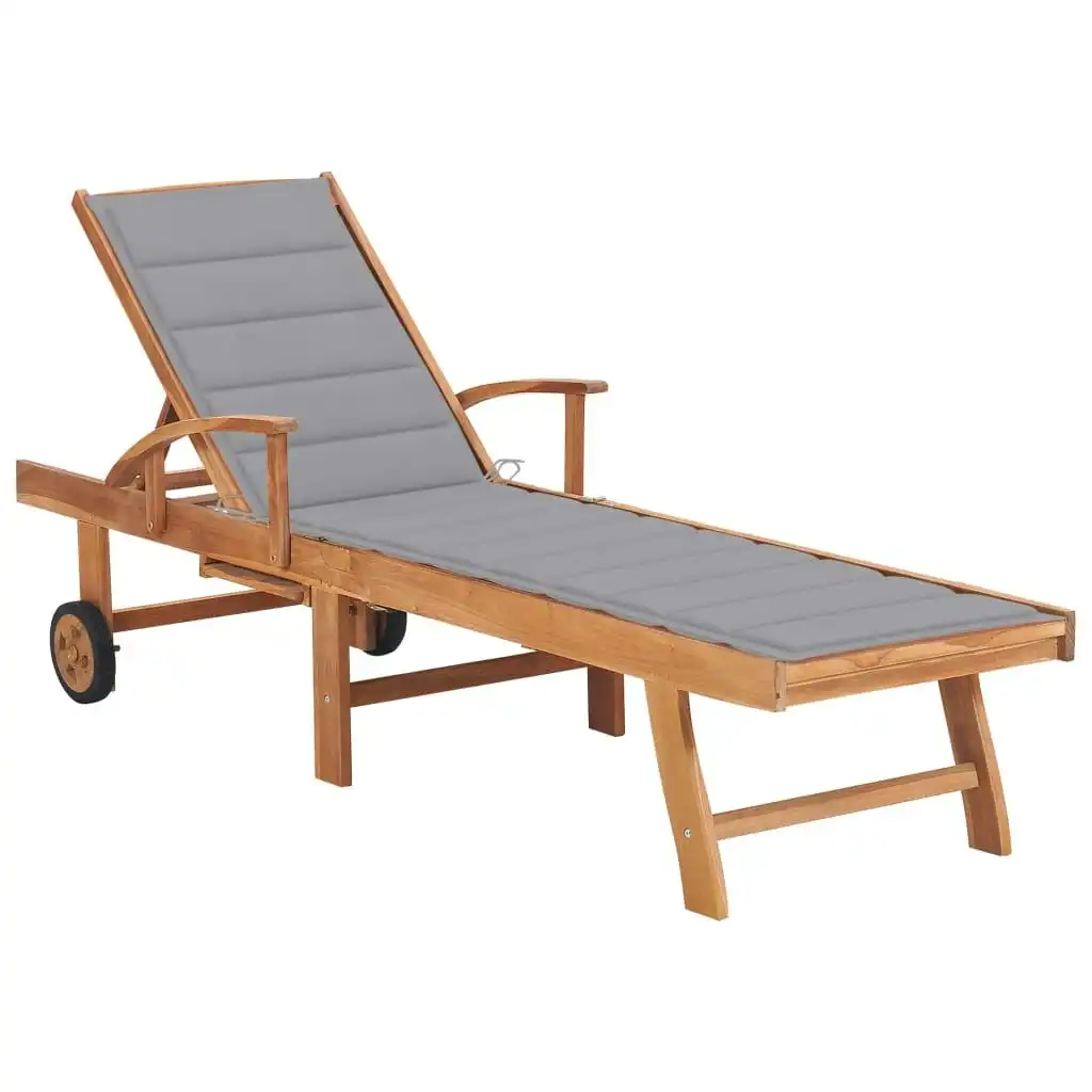 Sun Lounger with Grey Cushion Solid Teak Wood 3063007