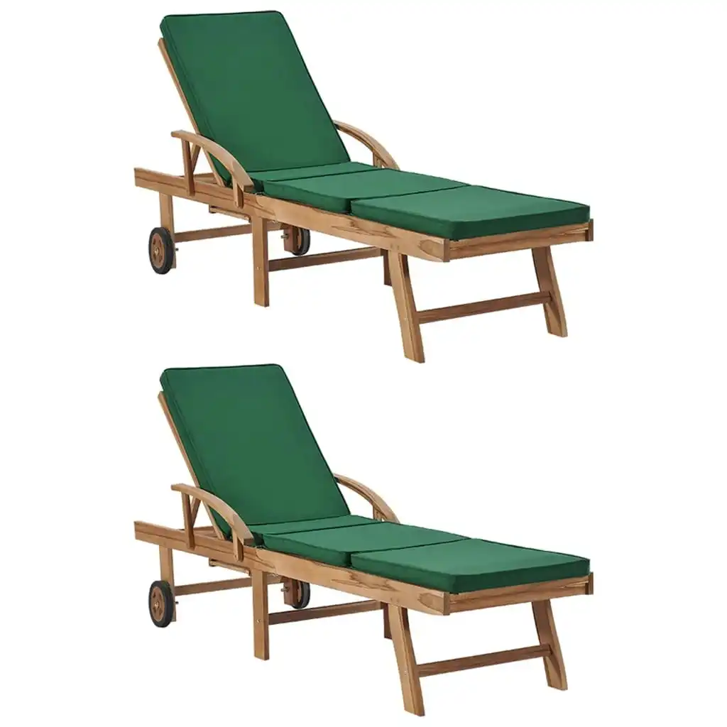 Sun Loungers with Cushions 2 pcs Solid Teak Wood Green 3054635