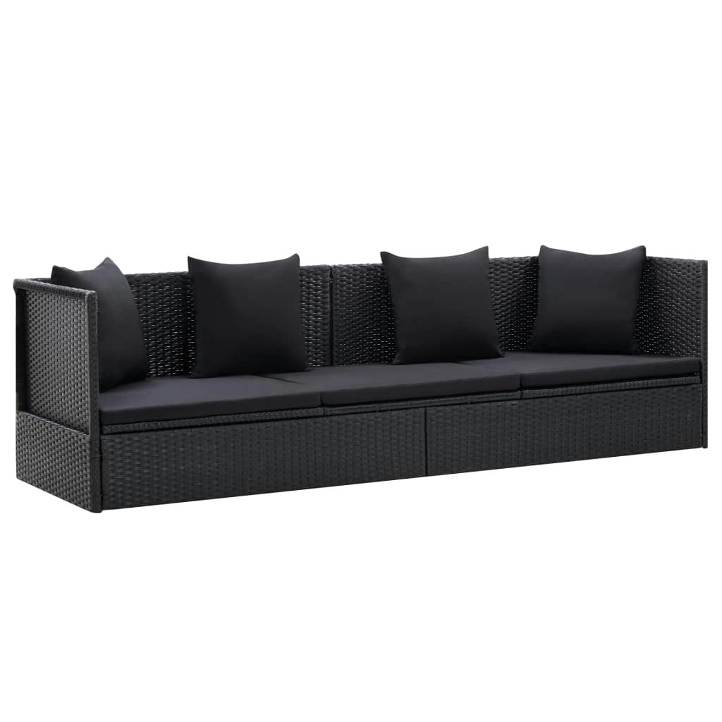 Garden Bed with Cushion and Pillow Poly Rattan Black 46087