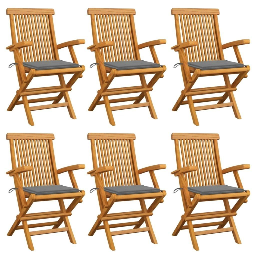 Garden Chairs with Grey Cushions 6 pcs Solid Teak Wood 3062542