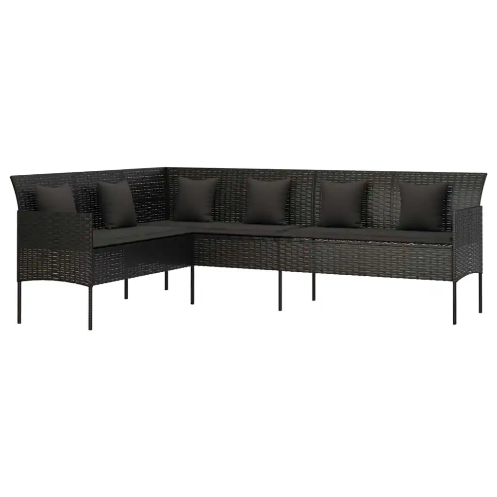 L-shaped Garden Sofa with Cushions Black Poly Rattan 362336