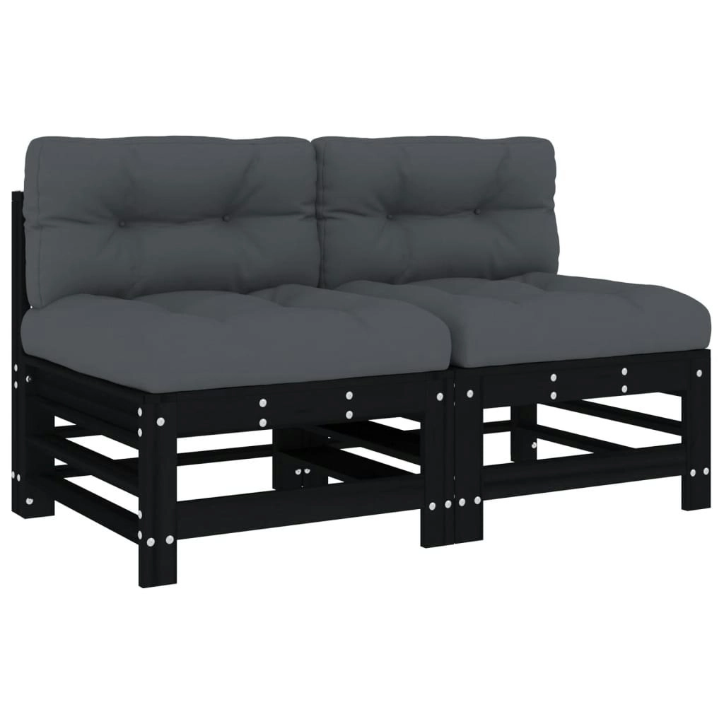 Middle Sofas with Cushions 2 pcs Black Solid Wood Pine 825692