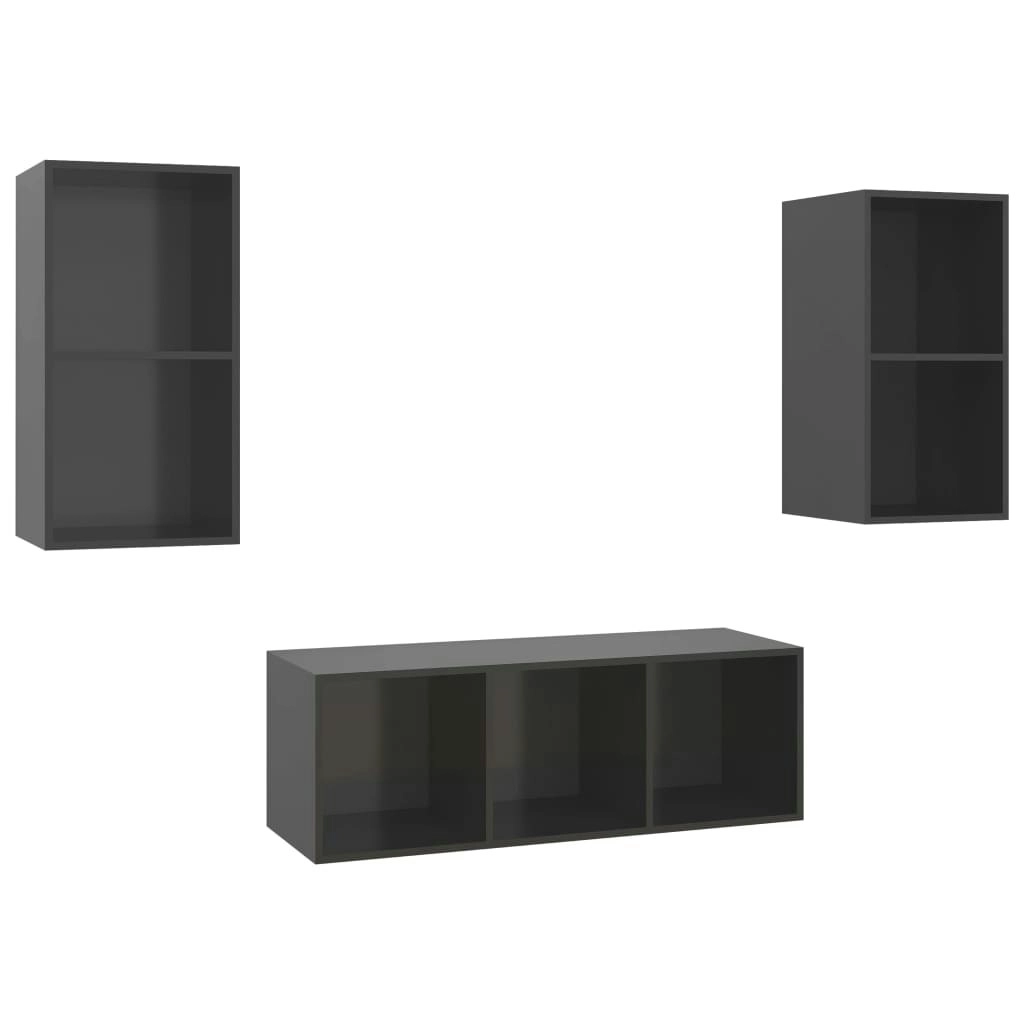 3 Piece TV Cabinet Set High Gloss Grey Engineered Wood 3079744