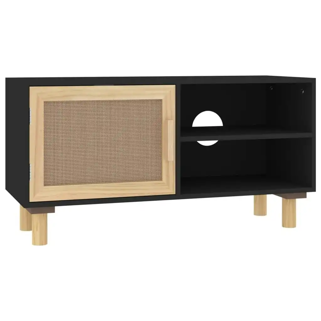 TV Cabinet Black 80x30x40 cm Solid Wood Pine and Natural Rattan 345613