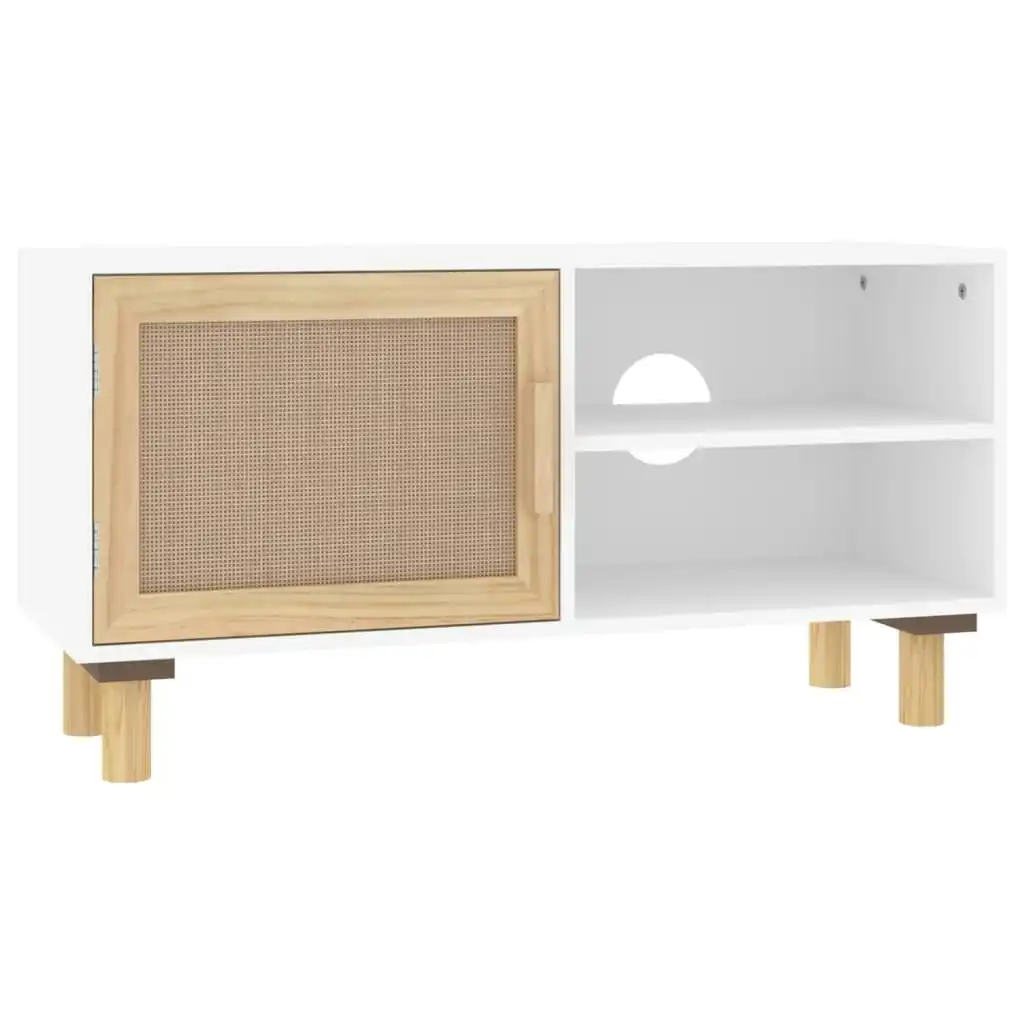 TV Cabinet White 80x30x40 cm Solid Wood Pine and Natural Rattan 345612