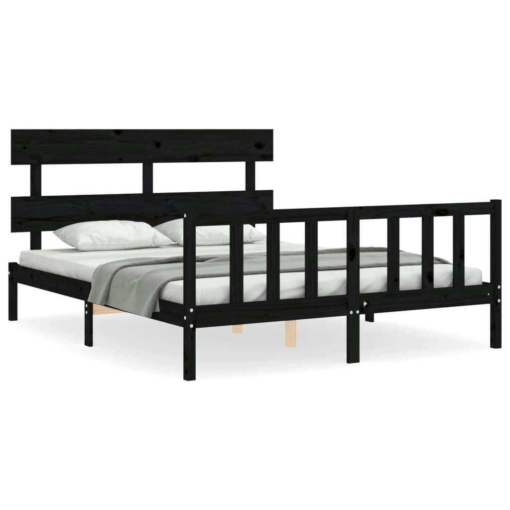 Bed Frame with Headboard Black 153x203 cm Queen Solid Wood 3193280