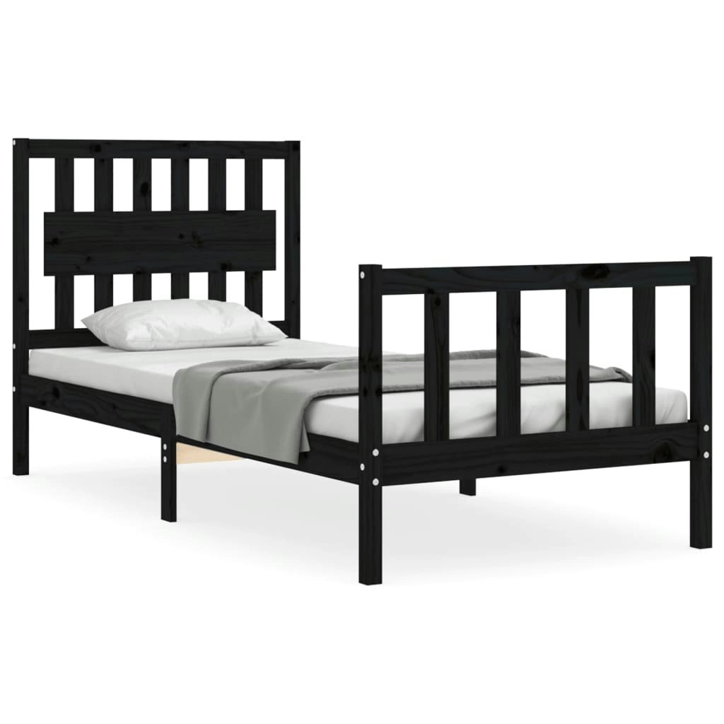 Bed Frame with Headboard Black 92x187 cm Single Size Solid Wood 3192395