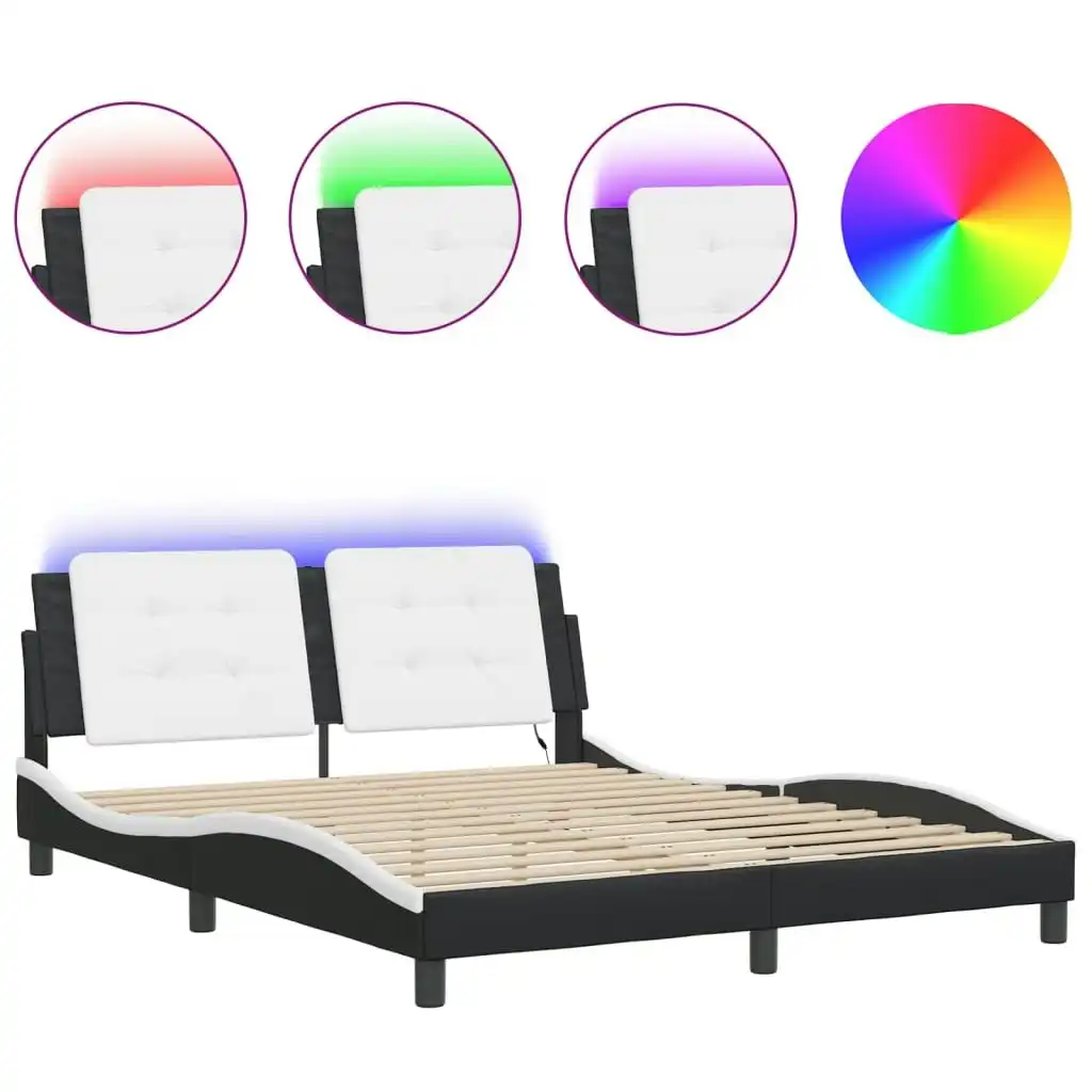 Bed Frame with LED Light Black and White 153x203 cm Queen Size Faux Leather 3214149