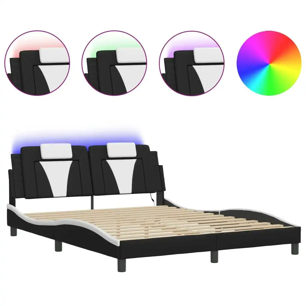 Bed Frame with LED Lights Black and White 153x203 cm Queen Size Faux Leather 3214061