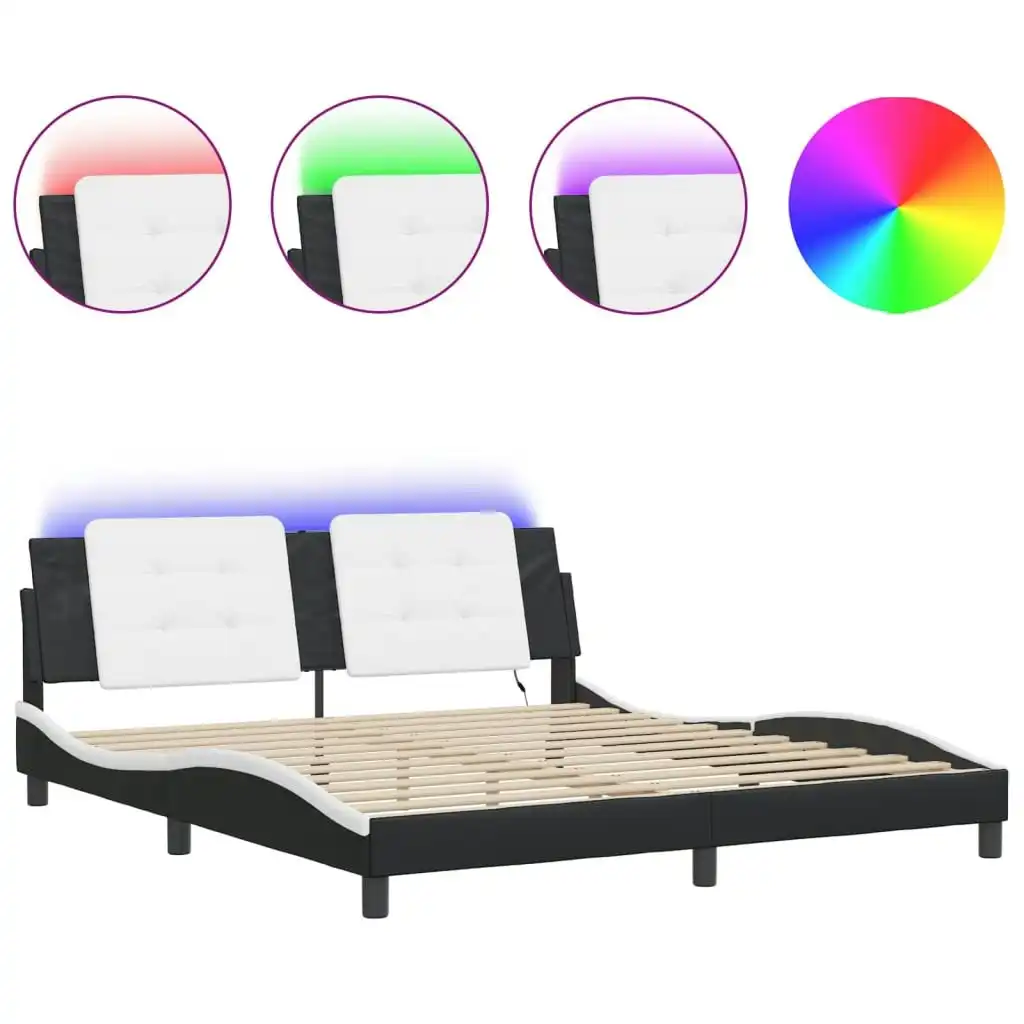 Bed Frame with LED Lights Black and White 183x203 cm King Size Faux Leather 3214129