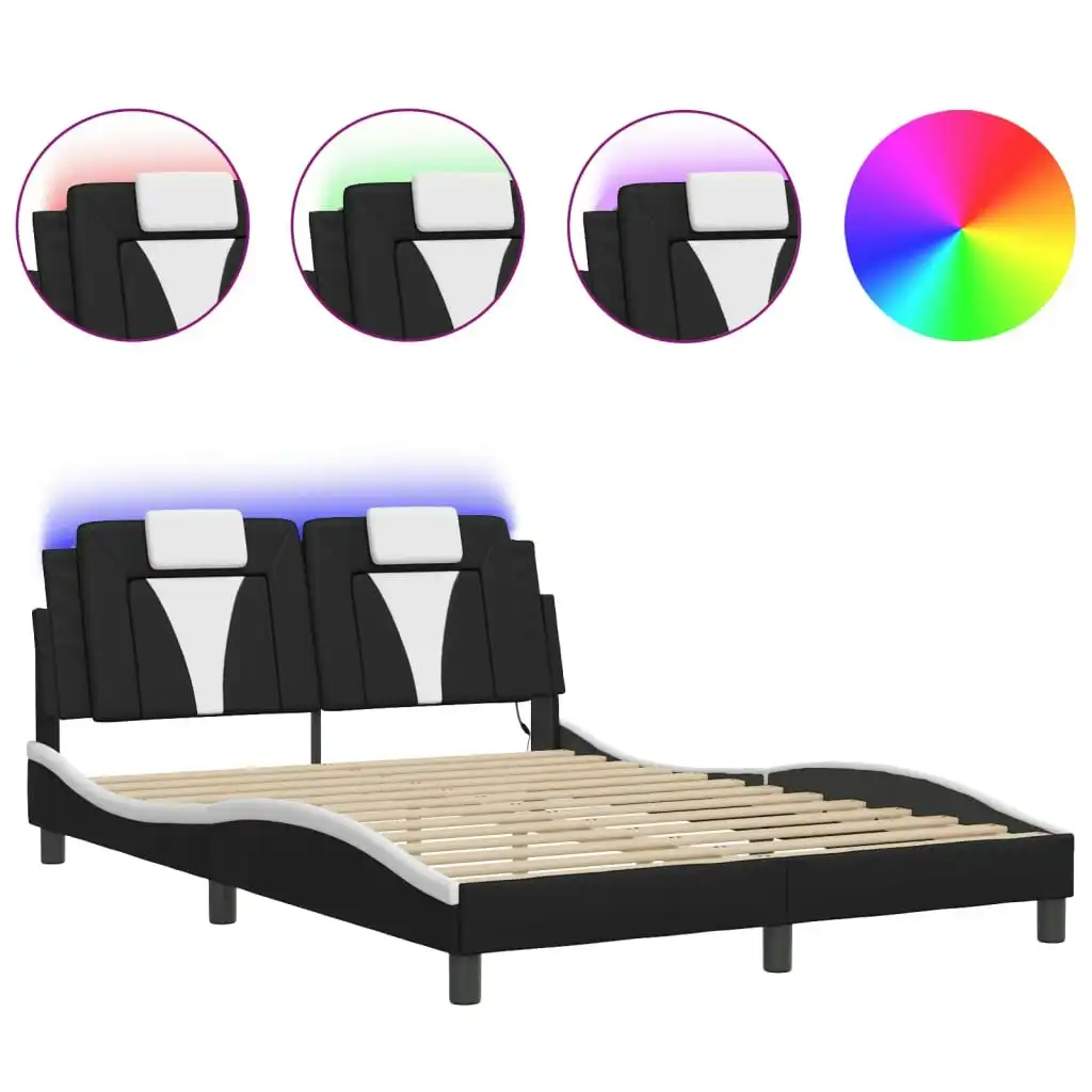 Bed Frame with LED Lights Black and White 137x187 cm Double Size Faux Leather 3214058