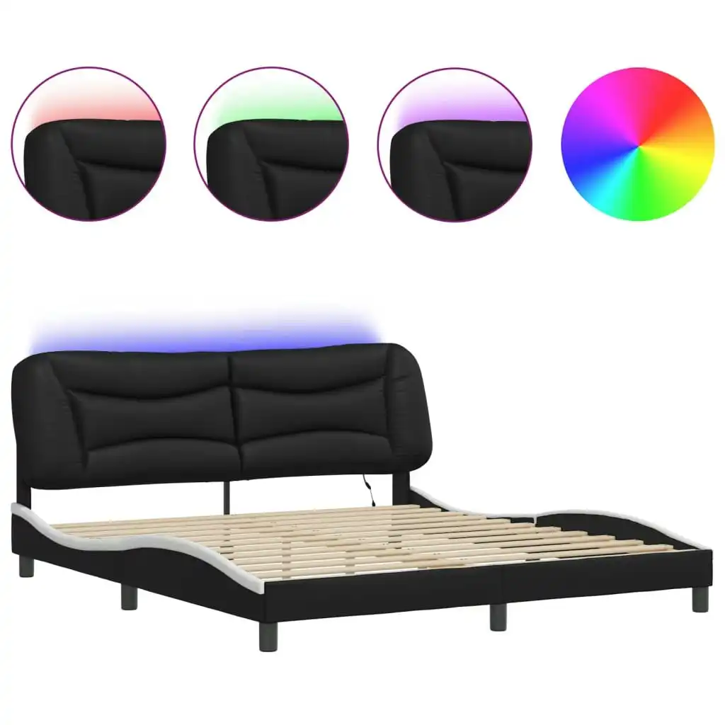 Bed Frame with LED Lights Black and White 183x203 cm King Size Faux Leather 3213953