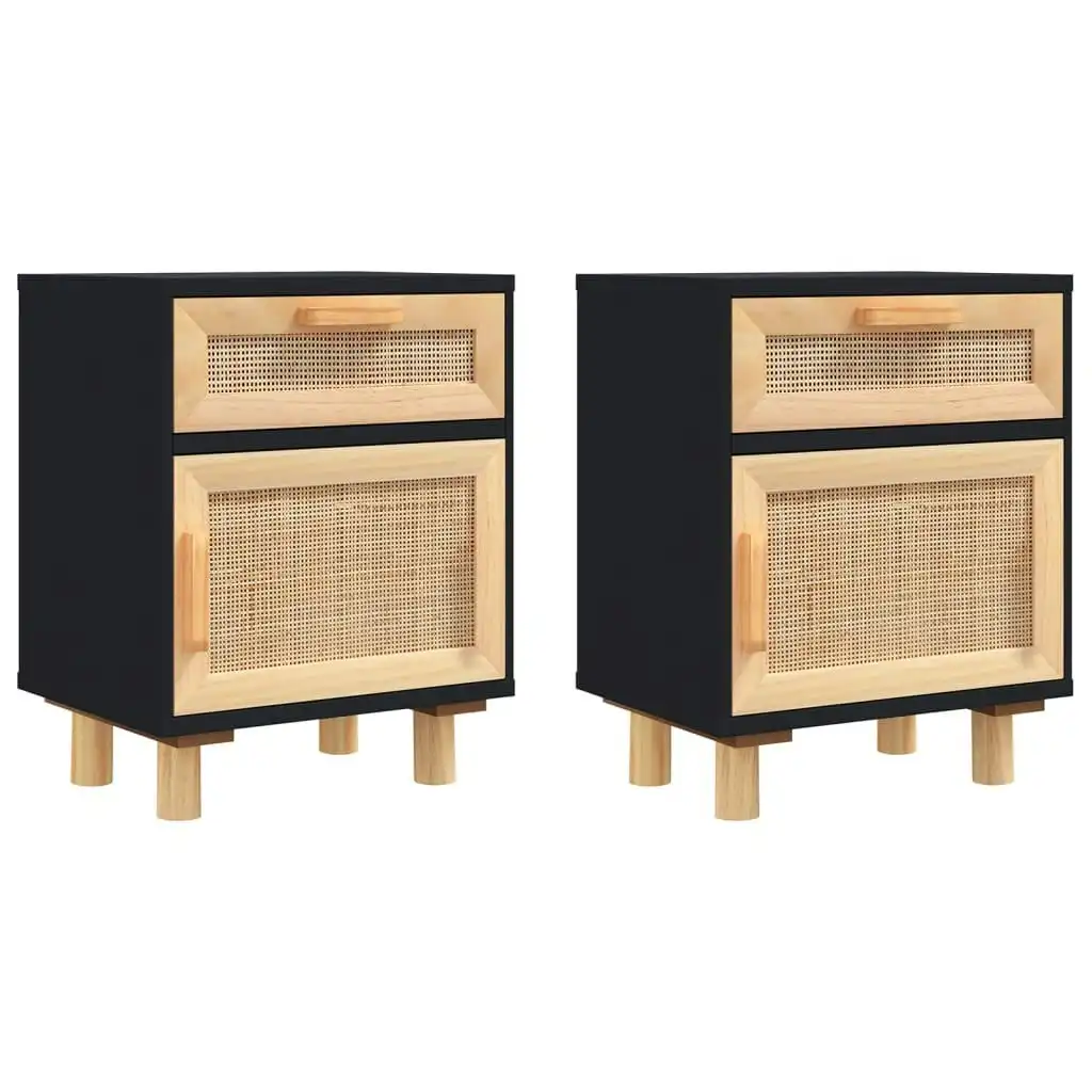 Bedside Cabinets 2 pcs Black Solid Wood Pine and Natural Rattan 345609