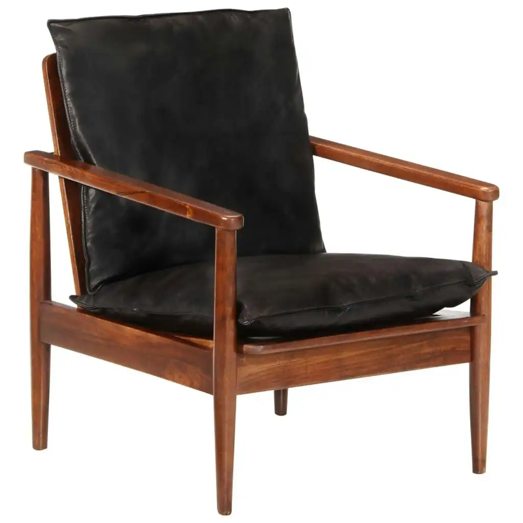 Armchair Black Real Leather and Solid Wood Acacia 340922