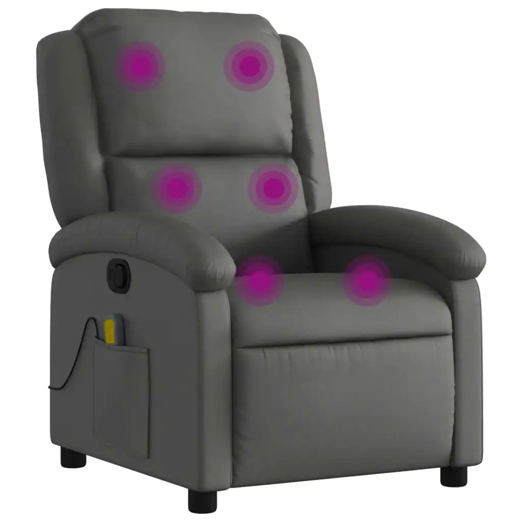 Massage Recliner Chair Grey Real Leather 371796