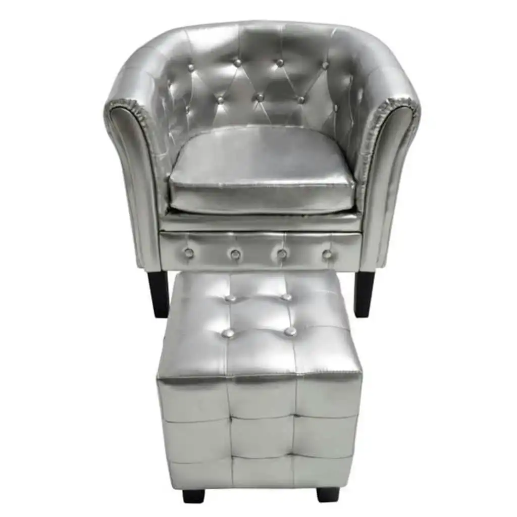 Tub Chair with Footstool Silver Faux Leather 60709