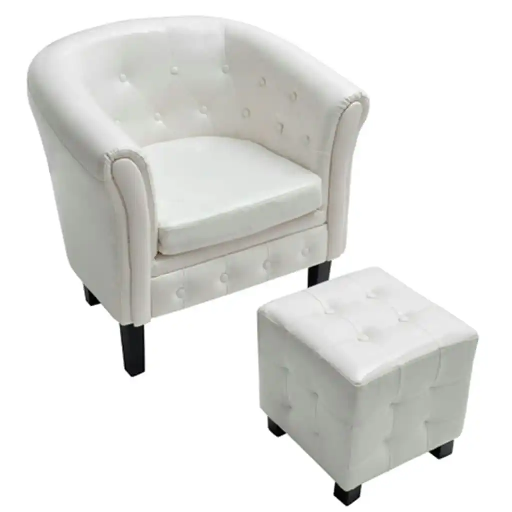 Tub Chair with Footstool White Faux Leather 60711