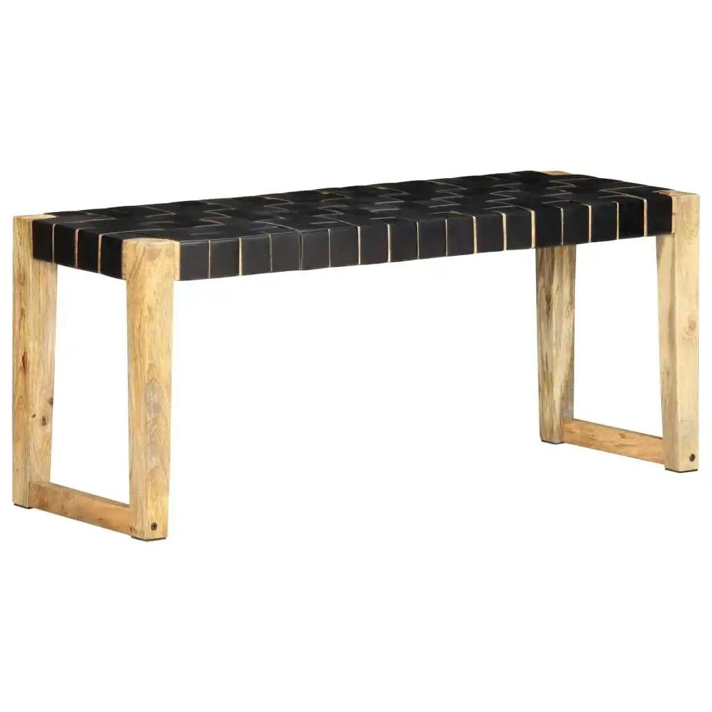 Bench 110 cm Black Real Leather and Solid Mango Wood 321838