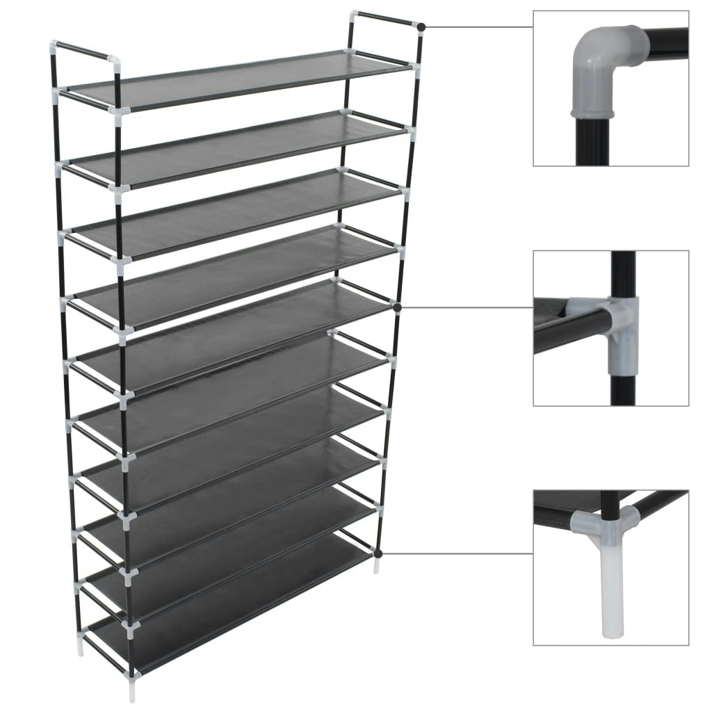 Shoe Rack with 10 Shelves Metal and Non-woven Fabric Black 245630