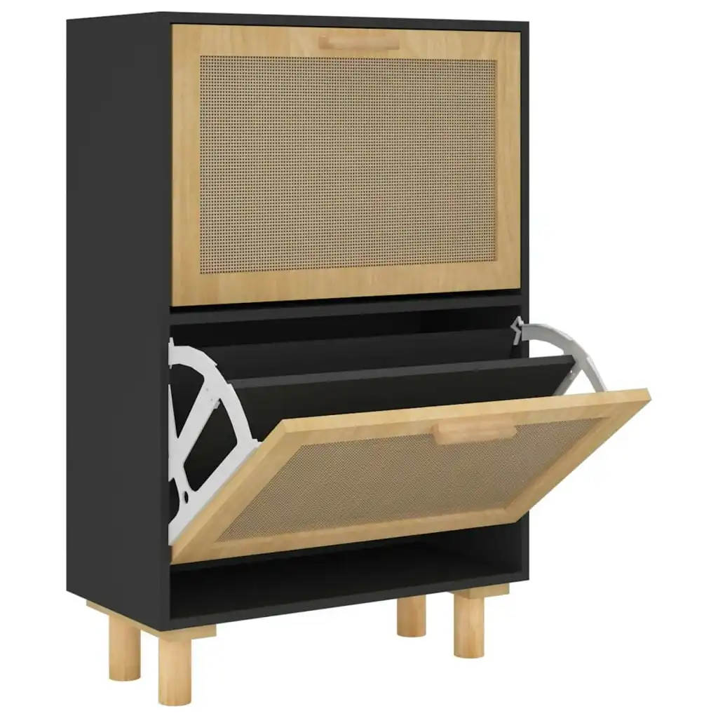 Shoe Cabinet Black 52x25x80 cm Engineered Wood and Natural Rattan 345646