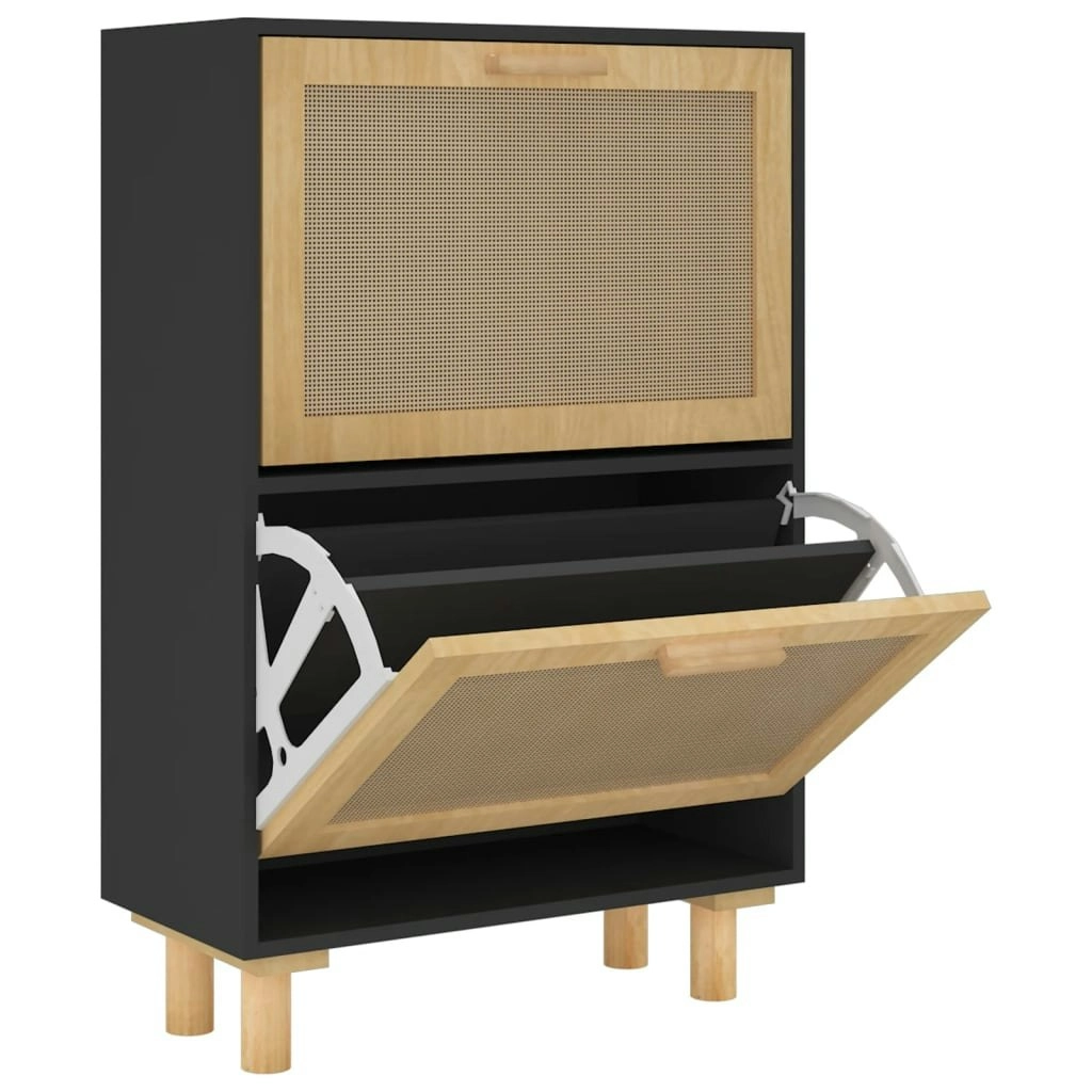 Shoe Cabinet Black 52x25x80 cm Engineered Wood and Natural Rattan 345646