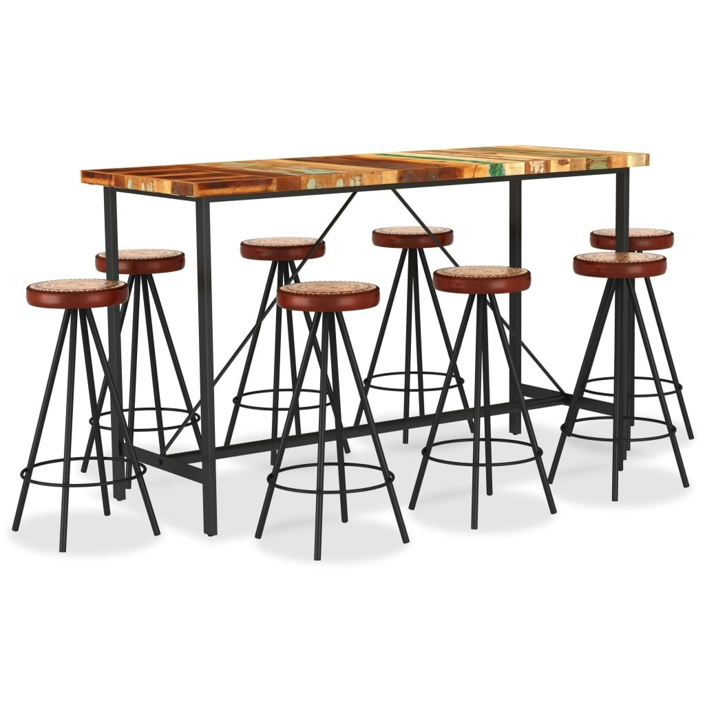 9 Piece Bar Set Solid Reclaimed Wood Genuine Leather & Canvas 3053446