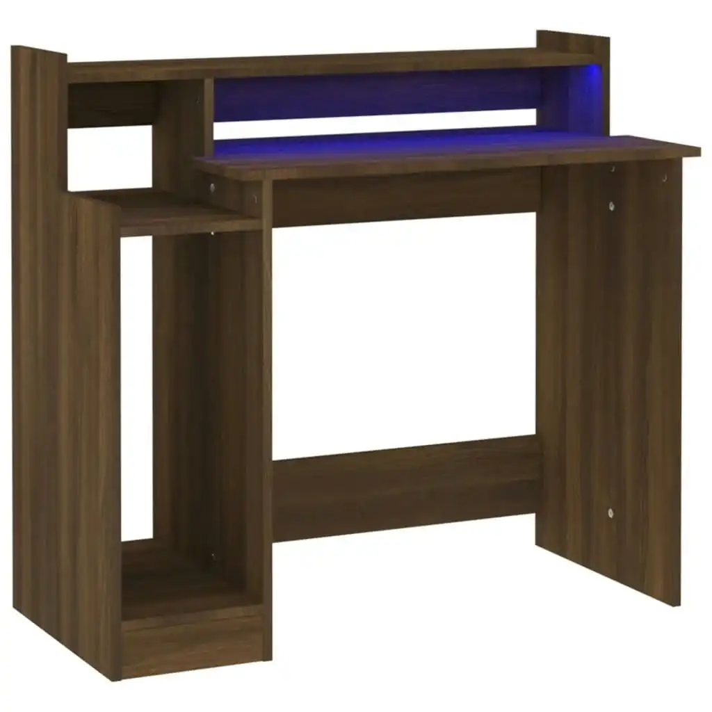 Desk with LED Lights Brown Oak 97x45x90 cm Engineered Wood 820477