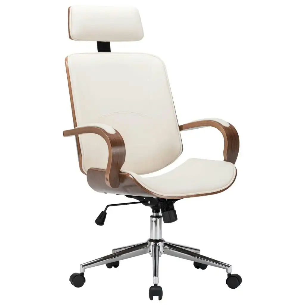 Swivel Office Chair with Headrest Cream Faux Leather and Bentwood 283136