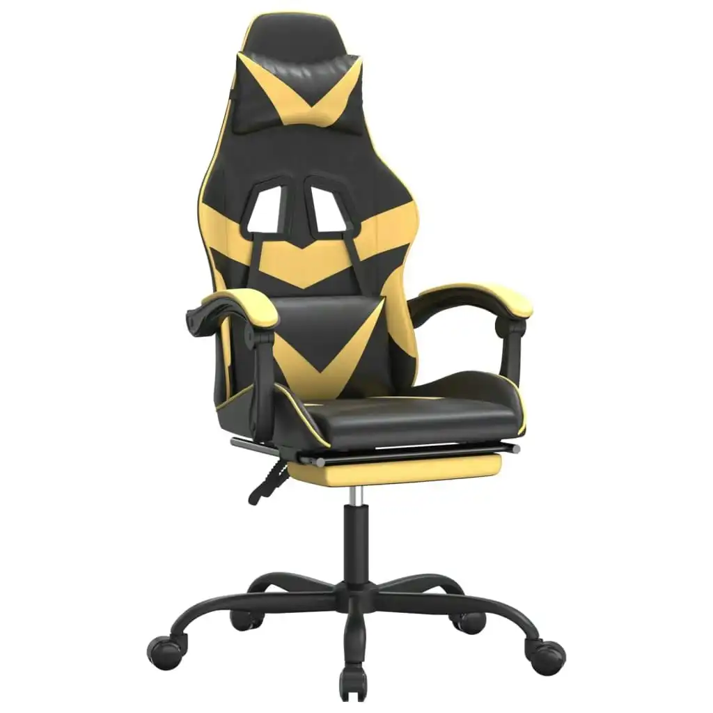 Swivel Gaming Chair with Footrest Black&Gold Faux Leather 349557