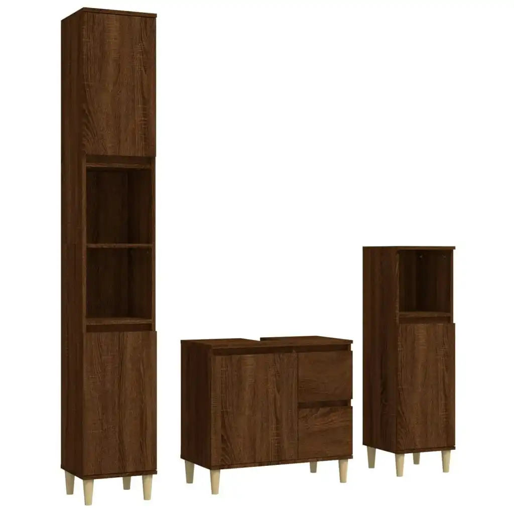 3 Piece Bathroom Cabinet Set Brown Oak Engineered Wood 3185542