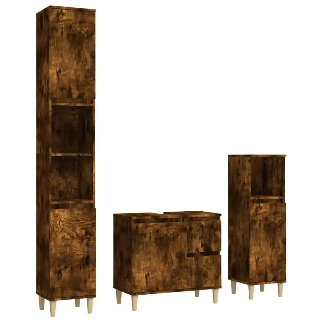 3 Piece Bathroom Cabinet Set Smoked Oak Engineered Wood 3185540