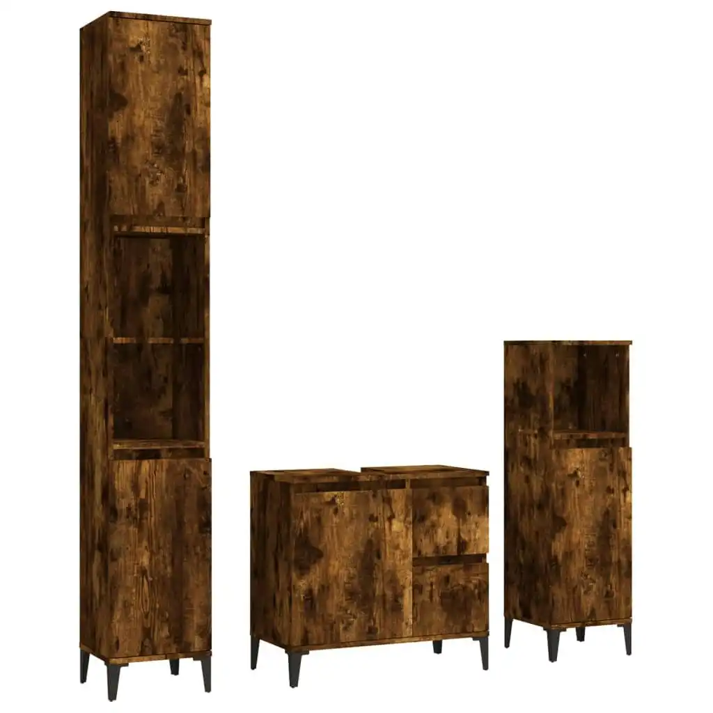 3 Piece Bathroom Cabinet Set Smoked Oak Engineered Wood 3185548