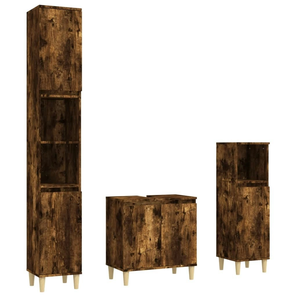 3 Piece Bathroom Furniture Set Smoked Oak Engineered Wood 3185586