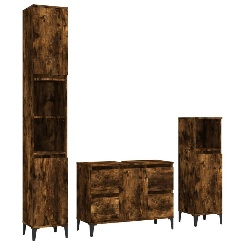 3 Piece Bathroom Furniture Set Smoked Oak Engineered Wood 3185610