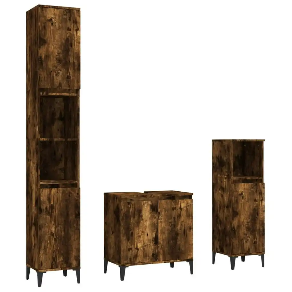 3 Piece Bathroom Furniture Set Smoked Oak Engineered Wood 3185594