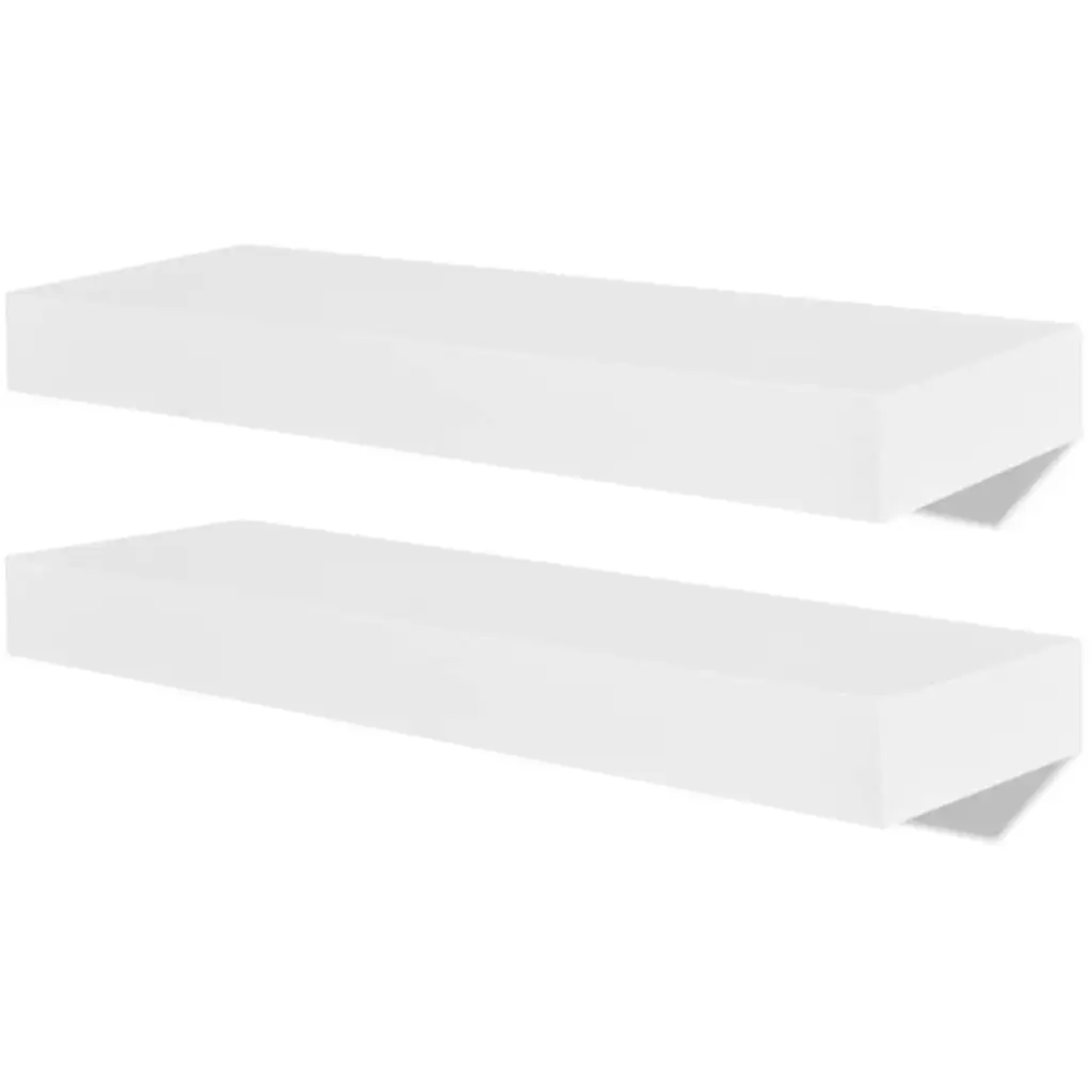 2 White MDF Floating Wall Display Shelves Book/DVD Storage 242182