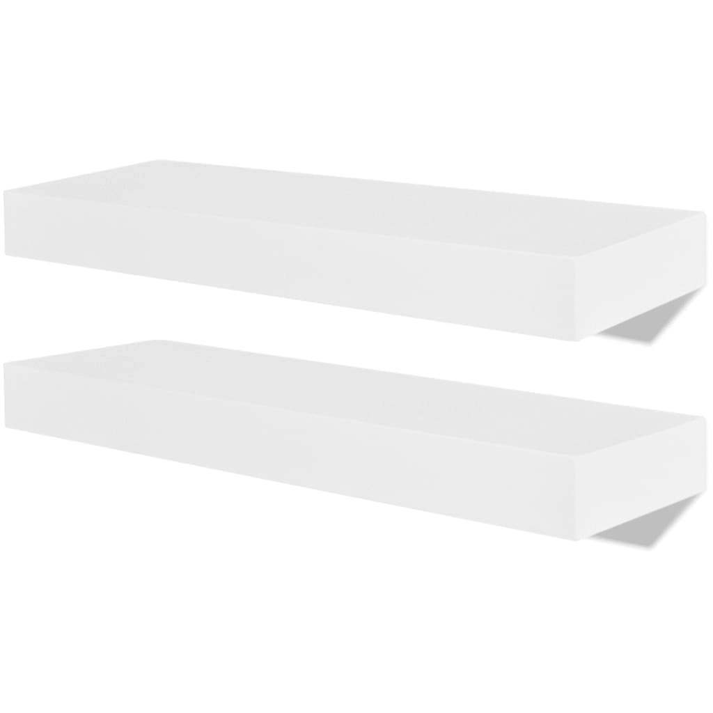 2 White MDF Floating Wall Display Shelves Book/DVD Storage 242182