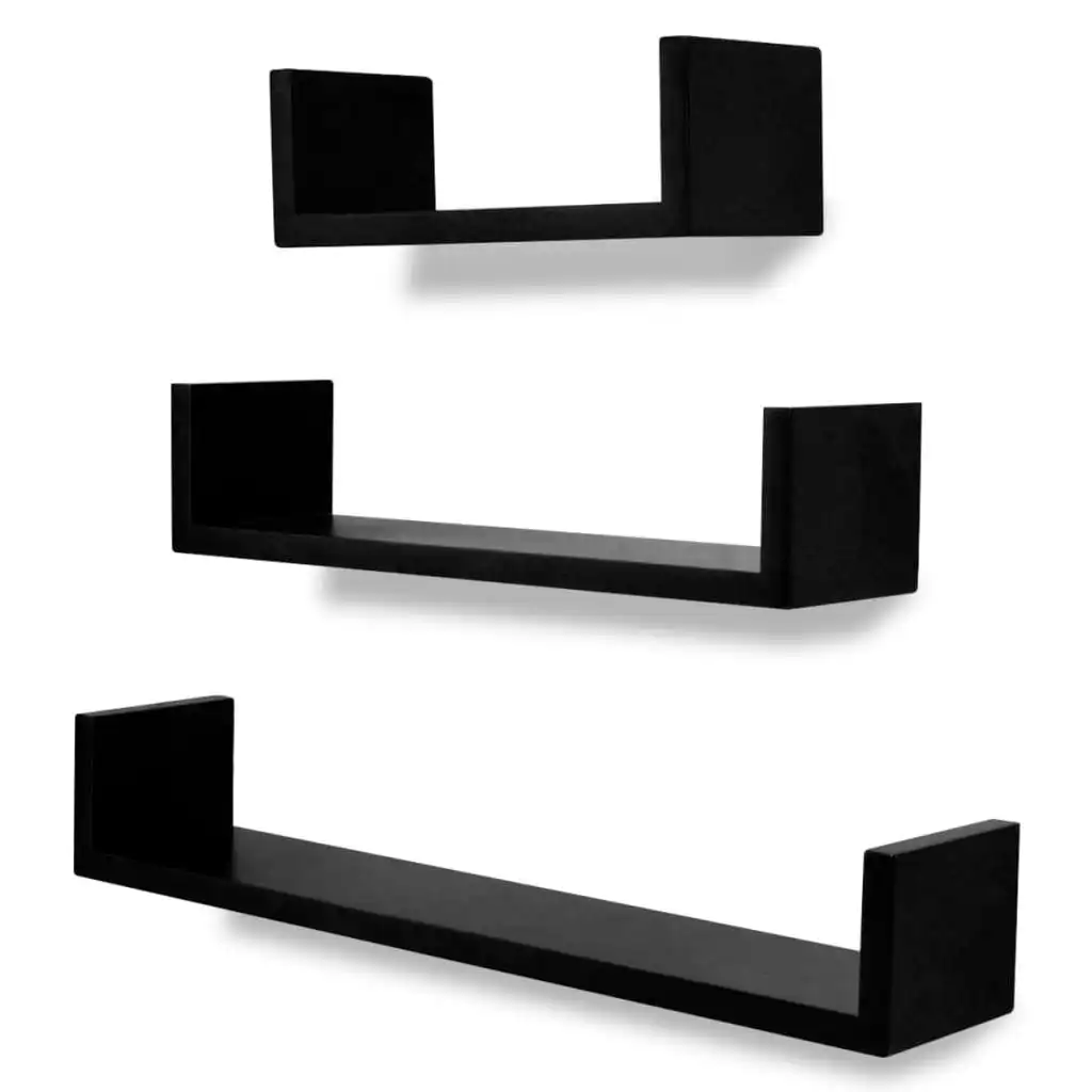 3 Black MDF U-shaped Floating Wall Display Shelves Book/DVD Storage 242175