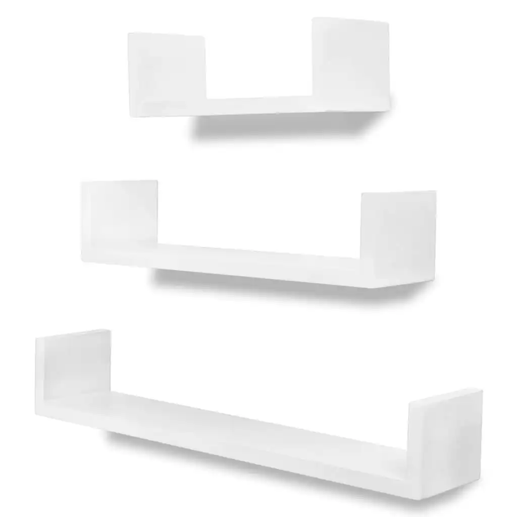 3 White MDF U-shaped Floating Wall Display Shelves Book/DVD Storage 242174