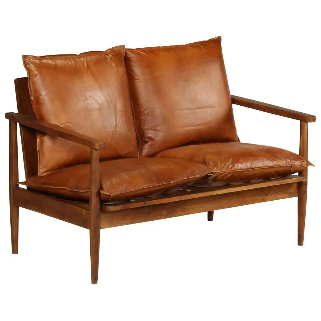 2-Seater Sofa Real Leather with Acacia Wood Brown 246482