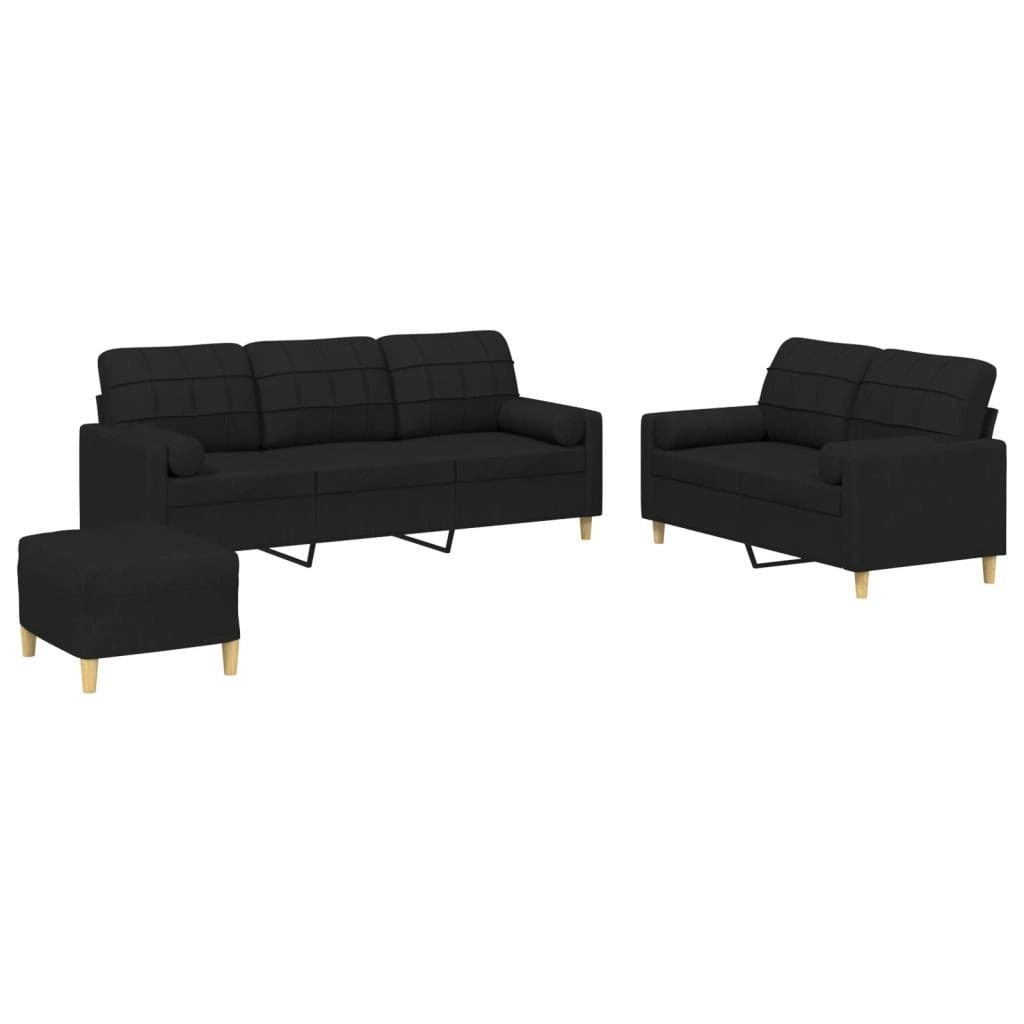 3 Piece Sofa Set with Pillows Black Fabric 3201334