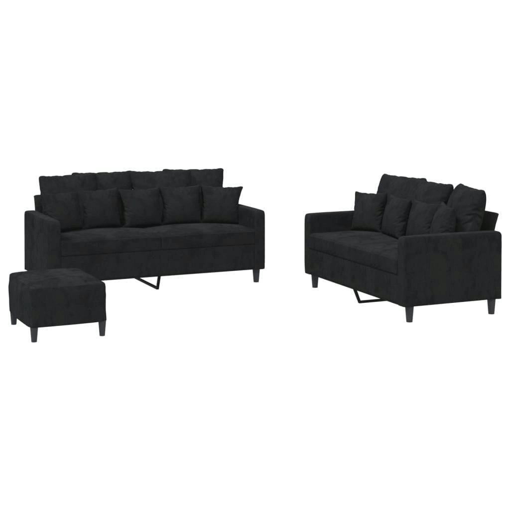 3 Piece Sofa Set with Cushions Black Velvet 3201715